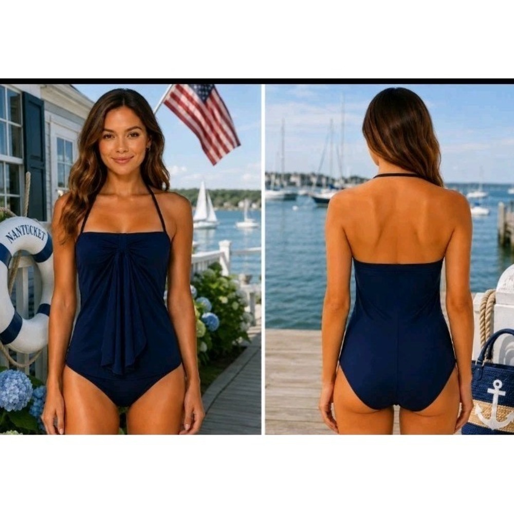 Lauren Ralph Lauren Swimsuit One Piece Navy Blue Size 8 Removable Strap Nautical